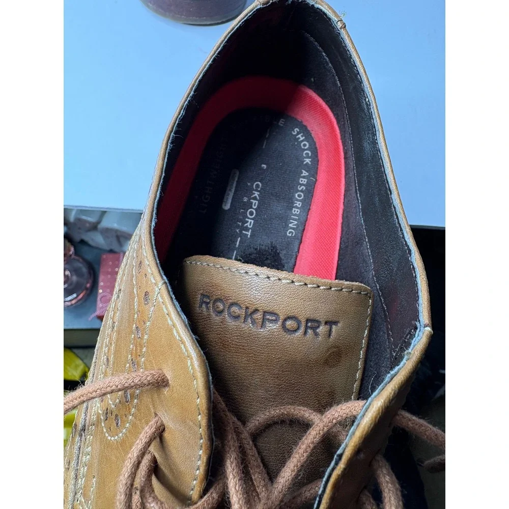 Rockport Mens‎ Tan Leather Wingtip Oxford Brogue Dress Shoes Shock Absorbing